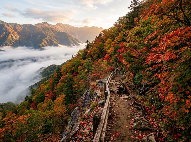 A photograph of a mountain ridge trail at dawn, maples turned red and orange above a valley of mist, drawn inline in the terminal